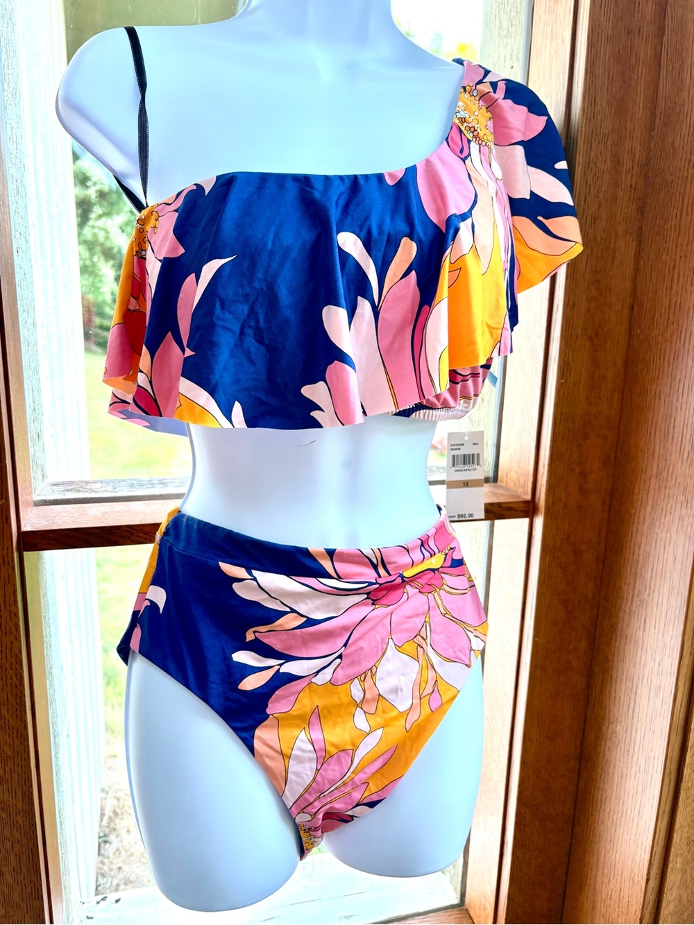 NWT TRINA TURK Breeze Ruffle One-Shoulder Bikini Top & High Waist Bottom Size 12